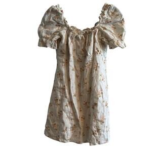 Reformation Linen Floral Mini Dress White Milkmaid Zip Short Sleeve Sz 10